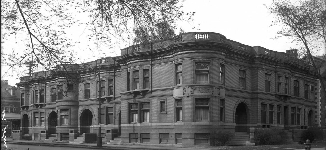 patterson terrace building in black and white